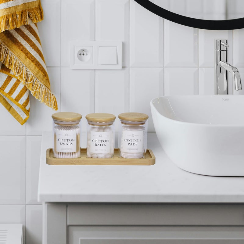 INIUNIK Qtip Holder with Vanity Tray - 3 Pack Glass Apothecary Jars with Lids  Cotton Ball Swab Pad Floss Pick Holder  Bathroom Organizers Jars Containers Canisters Accessories Set - Image 3